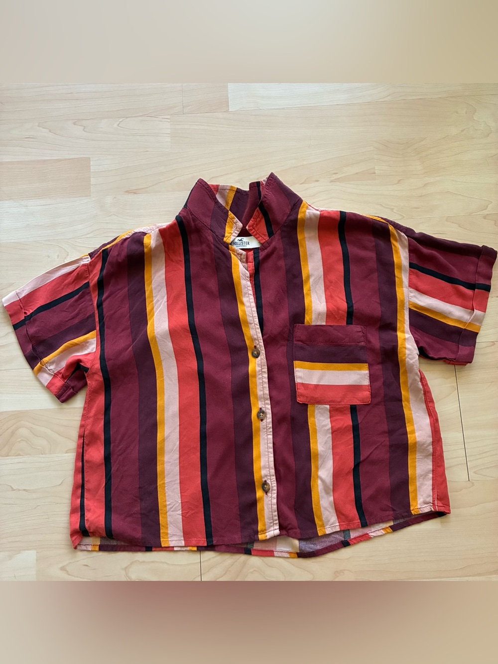 Hollister Striped Multicolor Button-Up Shirt — Red, Burgundy, Black, Peach
